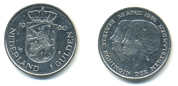 Нидерланды 1 гульден 1980 на коронацию Беатрикс, 30 апреля 1980 KM 200 никель 84-1014