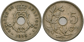 Бельгия 5 сантимов 1905 Belgique KM 54 медно-никель 4136-464