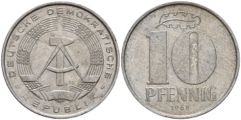 ГДР 10 пфеннигов 1968 A KM 10 алюминий 55-1133