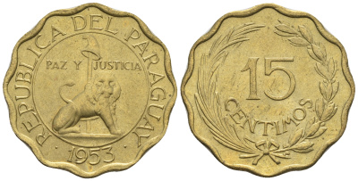 Парагвай 15 сентимо 1953 лев, фригийский колпак на шесте KM 26 алюминиевая бронза  aUNC  4177-945