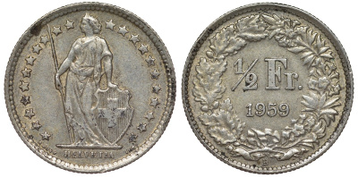 Швейцария 1/2 франка 1959 в KM 23 серебро 4124-535