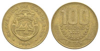 Коста-Рика 100 колонов 1999 KM 230a.1 алюминиевая бронза 4631-446