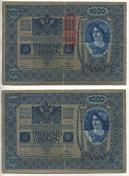 АВСТРИЯ 1000 КРОН 1919 КРАСНАЯ ВЕРТИКАЛЬНАЯ НАДПЕЧАТКА НА 1902 Pick 59 бумага 7553-40-1