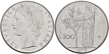 Италия 100 лир 1976 R, Афина KM 96.1 сталь    4149-342