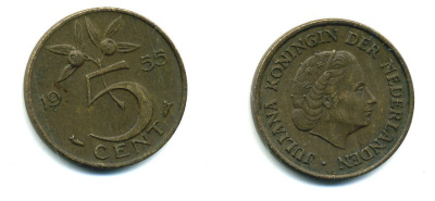 НИДЕРЛАНДЫ 5 ЦЕНТОВ 1955 ЮЛИАНА KM 181 бронза 76-417