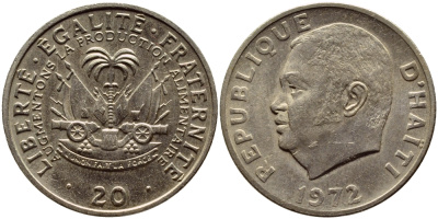 Гаити 20 сантимов 1972 FAO, Президент Жан-Клод Дювалье KM 100 медно-никель 83-1826