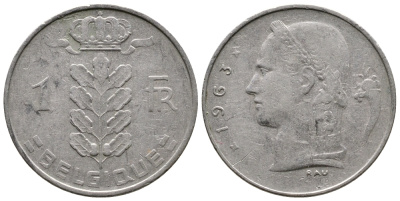 Бельгия 1 франк 1963 Belgique, Бодуэн I (1951-1993) KM 142.1 медно-никель 4382-954