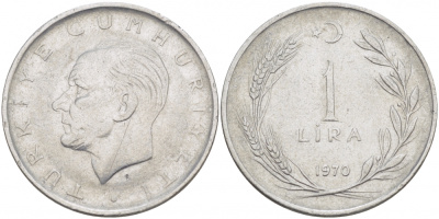 Турция 1 лира 1970 Мустафа Кемаль Ататюрк KM 889а.2 нержавеющая сталь 4529-1241