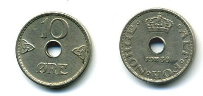 НОРВЕГИЯ 10 ЭРЕ 1938 KM 383 медно-никель 04-1047