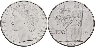Италия 100 лир 1976 R, Афина KM 96.1 сталь    4149-342