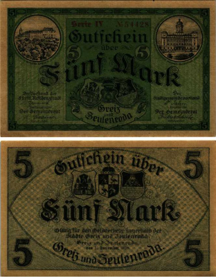 ГРАЙЦ И ЦОЙЛЕНРОДА 5 МАРОК 1918 НОТГЕЛЬД, 1 НОЯБРЯ 1918, СЕРИЯ IV бумага аUNC 6352-49-2-2