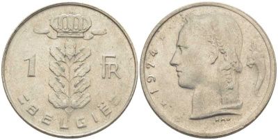 БЕЛЬГИЯ 1 ФРАНК 1974 BELGIE, БОДУЭН I (1951-1993) KM 143.1 медно-никель 119-632