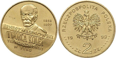 Польша 2 злотых 1999 MW, Ернест Малиновский (1818-1899) KM 358 нордик  UNC 4521-516
