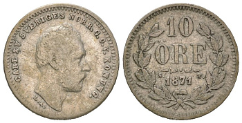 Швеция 10 эре 1871 ST, Карл XV (1859-1872) KM 710 серебро 4611-354