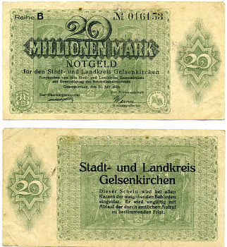 ГЕЛЬЗЕНКИРХЕН 20000000 марок (20 миллионов) 1923 21 июля 1923, нотгельд, земля Северный Рейн-Вестфалия, REIHE B Keller 1710I бумага 2193-31-3-2