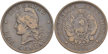 Аргентина 2 сентаво 1891 голова свободы влево KM 8 бронза 4512-733