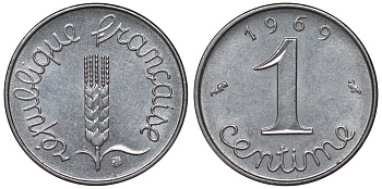 Франция 1 сантим 1969 пятая республика KM 928, Le Franc 106.18 нержавеющая сталь 4124-423