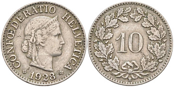 Швейцария 10 раппенов 1928 B KM 27 медно-никель     3309-417