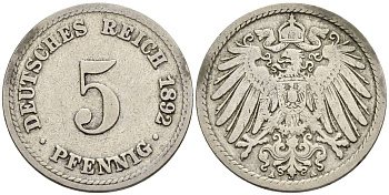 ГЕРМАНИЯ 5 ПФЕННИГОВ 1892 A KM 11, Jager 12, Weege 6 медно-никель 4547-327