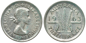 Австралия 3 пенса 1963 m, Елизавета II (1952-2022) KM 57 серебро 71-837