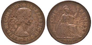 Великобритания 1 пенни 1963 Елизавета II (1952-2022) KM 897, Spink 4157 бронза 4131-511