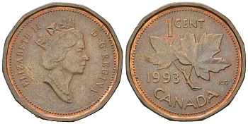 Канада 1 цент 1993 Елизавета II (1952-2022), кленовый лист KM 181 бронза 4383-455