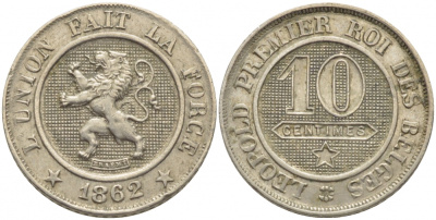БЕЛЬГИЯ 10 САНТИМОВ 1862 BELGES KM 22 медно-никель 3856-417