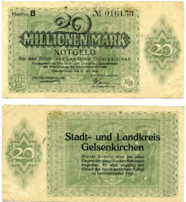 ГЕЛЬЗЕНКИРХЕН 20000000 марок (20 миллионов) 1923 21 июля 1923, нотгельд, земля Северный Рейн-Вестфалия, REIHE B Keller 1710I бумага 2193-31-3-2