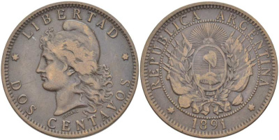 Аргентина 2 сентаво 1891 голова свободы влево KM 8 бронза 4512-733