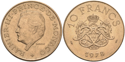 Монако 10 франков 1978 Ренье III (1949-2005) KM 154  медь никель алюминий    4140-1126