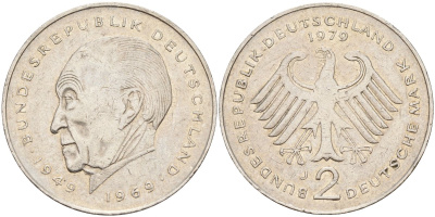 ФРГ 2 марки 1979 J, Конрад Аденауэр, 20 лет Федеративной Республике (1949-1969) KM 124, J. 406 медно-никель плакированный никелем 4137-436