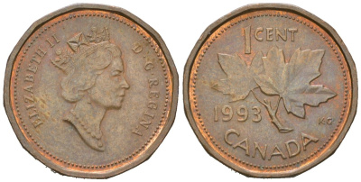 Канада 1 цент 1993 Елизавета II (1952-2022), кленовый лист KM 181 бронза 4383-455