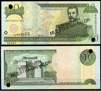 Доминиканская Республика 10 песо 2000 Матиас Мелла Рамон, "Образец". С диагональной надпечаткой слова "Especimen" и перфорационными отверстиями Pick 159 a s  бумага  UNC (пресс) 451-170-2