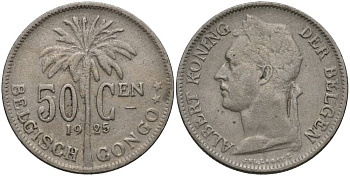 Бельгийское Конго 50 сантимов 1925 пальма KM 22 медно-никель 27-1135