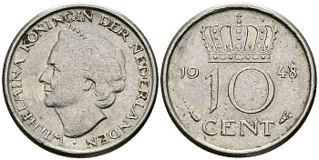 Нидерланды 10 центов 1948 Вильгельмина (1895-1948) KM 177 никель 96-527