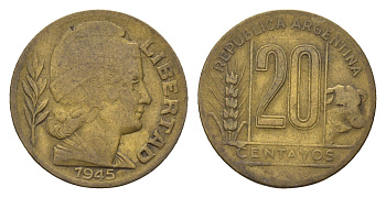Аргентина 20 сентаво 1945 KM 42 алюминиевая бронза 4116-341
