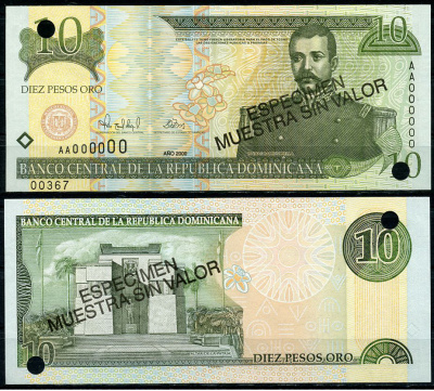 Доминиканская Республика 10 песо 2000 Матиас Мелла Рамон, "Образец". С диагональной надпечаткой слова "Especimen" и перфорационными отверстиями Pick 159 a s  бумага  UNC (пресс) 451-170-2