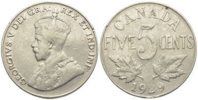 КАНАДА 5 ЦЕНТОВ 1929 ГЕОРГ V KM 29 никель 3856-645
