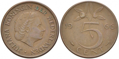 НИДЕРЛАНДЫ 5 ЦЕНТОВ 1966 ЮЛИАНА KM 181 бронза 214-649