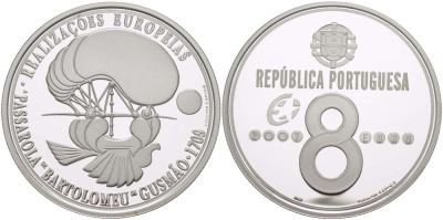 Португалия 8 евро 2007 INCM, Ранние летательные аппараты - Passarola Бартоломеу де Гусмана KM 822a серебро  PROOF 00-00