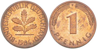 ФРГ 1 ПФЕННИГ 1984 F KM 105, J. 380 сталь плакированная медью 4181-654