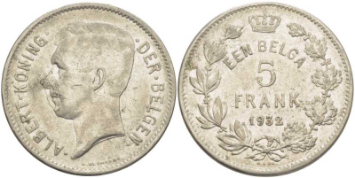 БЕЛЬГИЯ 5 ФРАНКОВ 1932 АЛЬБЕРТ I, DER BELGEN KM 98 никель 3851-432