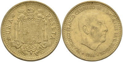 Испания 1 песета 1966 (71) Франсиско Франко (1939-1975) KM 796 алюминиевая бронза 4604-126