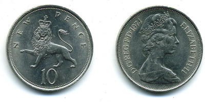 Великобритания 10 пенсов 1974 Елизавета II (1952-2022) KM 912, Spink 4231 (F1) медно-никель  4110-1341