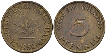 ФРГ 5 ПФЕННИГОВ 1950 J KM 107, J.382 сталь плакированная латунью 4567-866