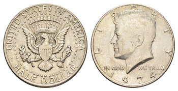 США 1/2 доллара (50 центов) 1974 Джон Кеннеди KM 202b медь плакированная медно-никелем aUNC 4536-745