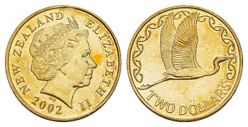 Новая Зеландия 2 доллара 2002 Елизавета II (1952-2022), большая белая цапля KM 121 алюминиевая бронза UNC 4652-715