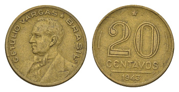 Бразилия 20 сентаво 1943 Жетулиу Варгас KM 556a алюминиевая бронза 4625-934