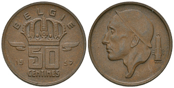 Бельгия 50 сантимов 1957 Belgie, Бодуэн I (1951-1993) KM 149.1 бронза 3458-1255