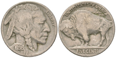 США 5 центов 1936 индеец, бизон KM 134 медно-никель 4614-1235